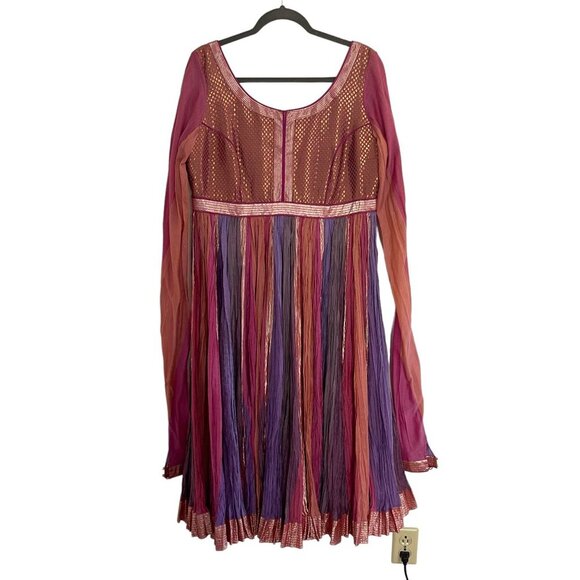 Abhishek Gupta M Pink Handmade Indian Anarkali Dress Dupatta Gold Accents Flowy - Picture 11 of 11